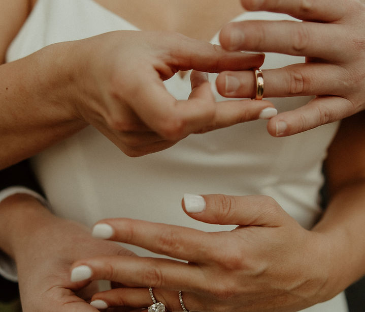 Close-up of a couple's wedding rings and hands